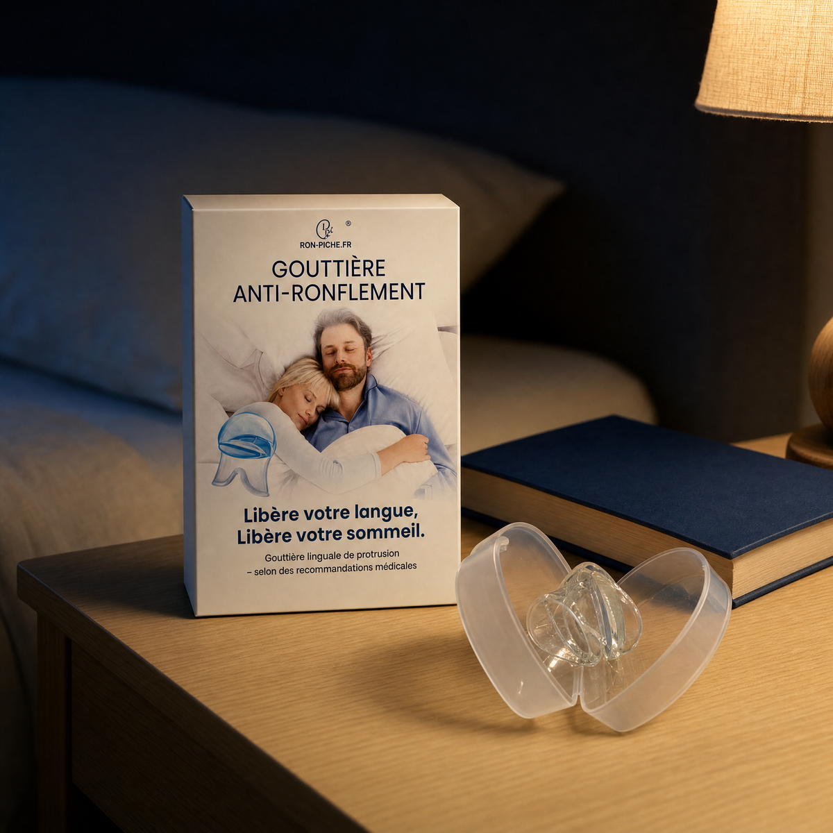 RON-PICHE au quotidien — étui de rangement ouvert avec la gouttière, sur la table de chevet